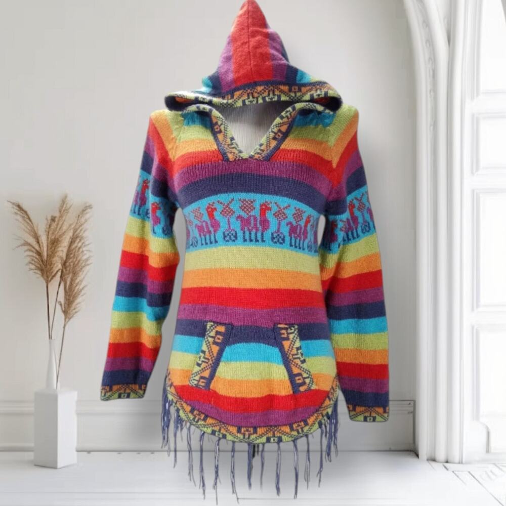 Pachamama Peru Alpaca Rainbow Baja Hoodie Sweater Hand Knit Fringe Boho S